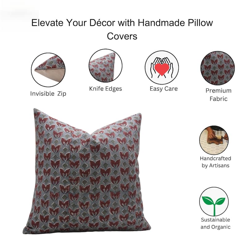Fabdivine Hand Block Print Pillowcase in Cotton for Hotel Floral Cushion Cover Farmhouse Throw Décor, Coastal Tulip