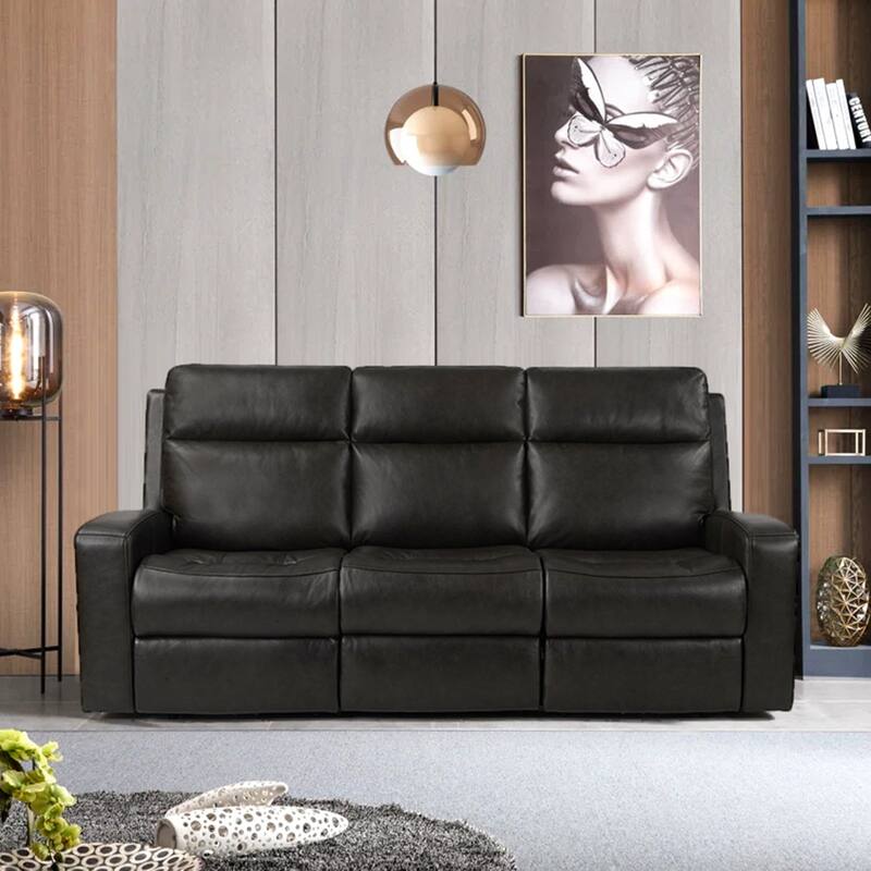 89" Wide Top Grain Leather Power Reclining Sofa Electric Recliner Sofa with Storage, USB Charge Port, Adjustable Headrest