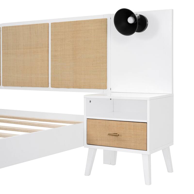 Queen Size Platform Bed with 2 Nightstands and 2 Lamps, Wooden Bed Frame with Elegant Rattan Headboard and Wood Combination