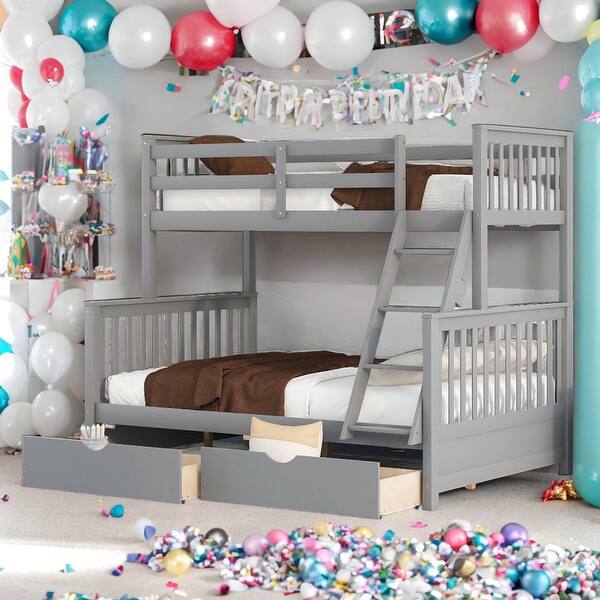 slide 2 of 19, Modren Twin Over Full Functional Bunk Bed With Ladders and Two Storage Drawers Grey