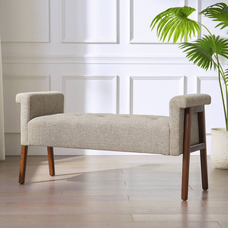 Modern Fabric Upholstered Entryway Storage Bench with Wooden Legs and Armrests