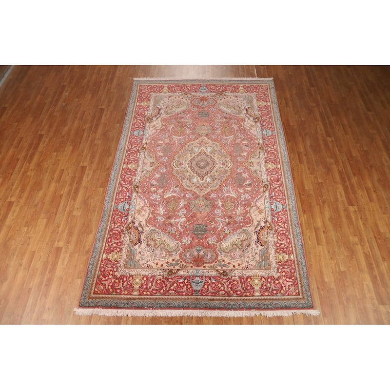 Handmade Wool & Silk Pink Tabriz Persian Area Rug Traditional Carpet - 6'7"x 10'5"