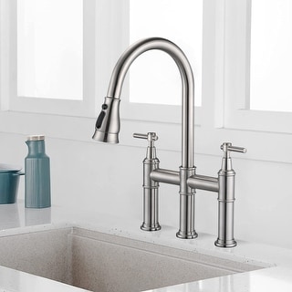 Double Handle High Arc Bridge Kitchen Faucet with Pull-Down Spray Head ...
