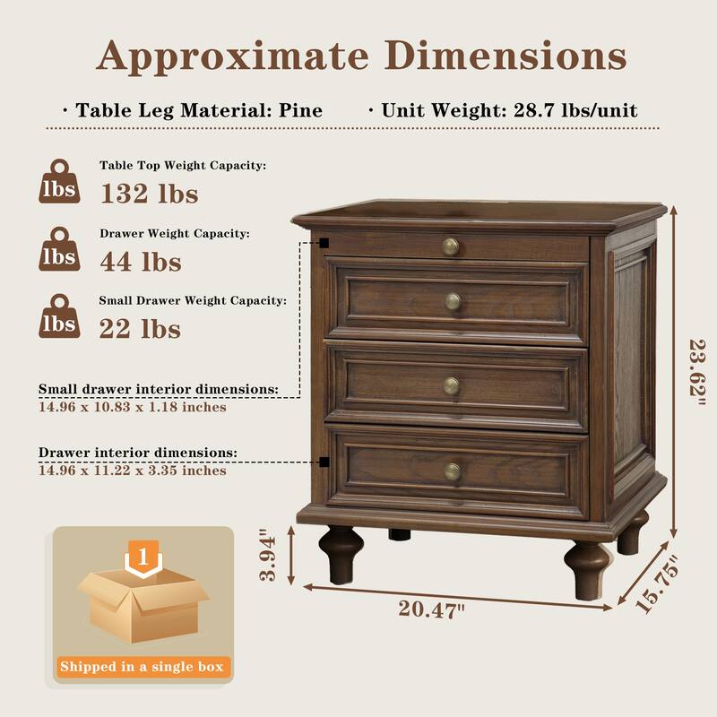Nightstands Set of 2 with 4 Drawer,Wood Storage End Table with Hidden Pull-Out Shelf, 4 Solid Wood Feet and Metal Handle