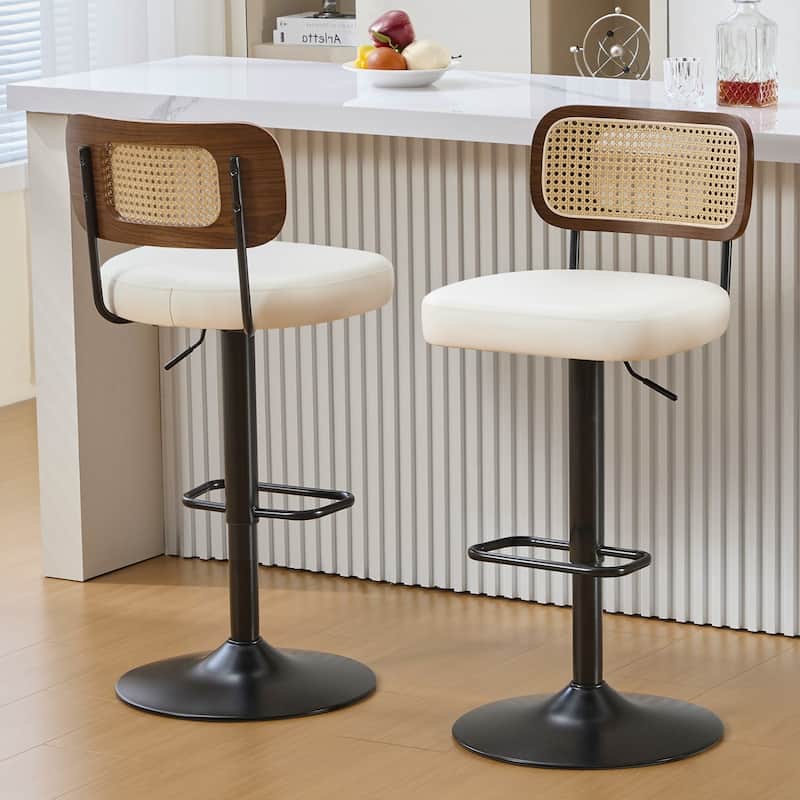 Adjustable Height Swivel Bar Stools with Back and Footrest - 17.7"W x 15.75"D x 35"-42.9"H - Set of 2 - White-rattan back