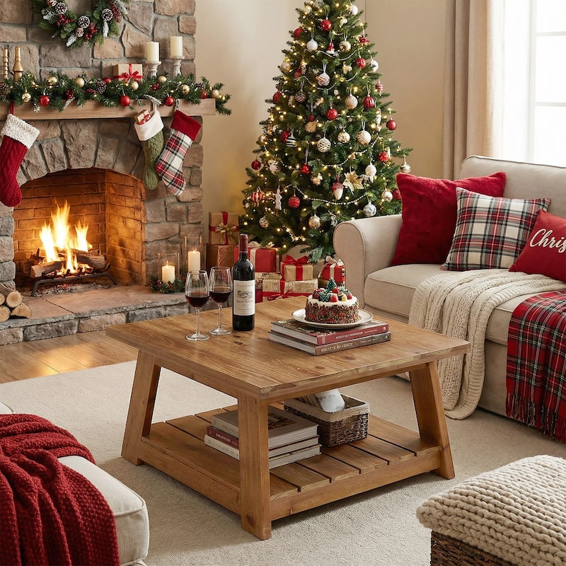 Solid Wood Square Coffee Table for Living Room, 31.5" Farmhouse Center Table