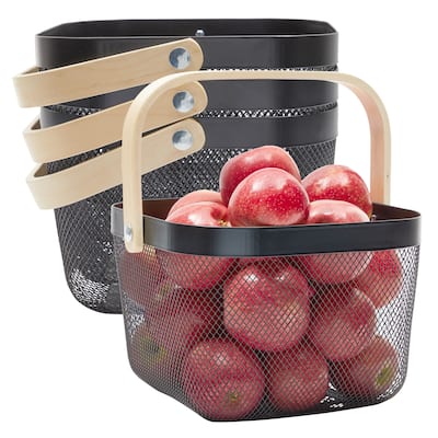 4 Pack Mesh Fruit Basket with Wooden Handles, Square, Black, 9.5x 9.5 x 7 In