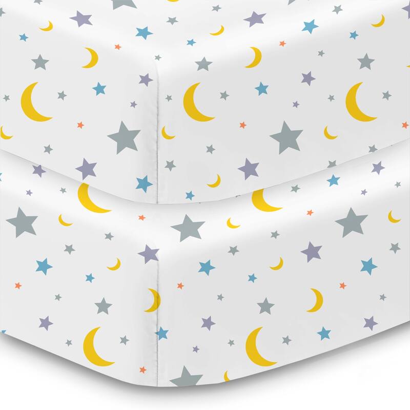 BreathableBaby Cotton Percale Fitted Sheet, For 52" x 28"/132 x 71 cm Crib & Toddler Bed Mattress, Prints (2-Pack) - Moons & Stars