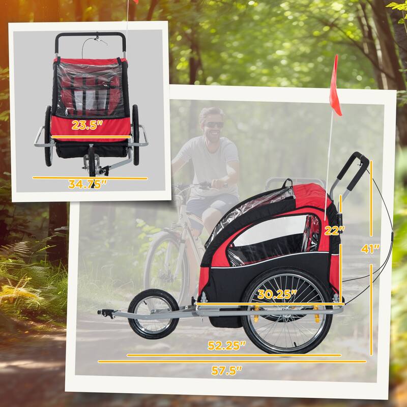 2-Seat Baby Bike Trailer for Kids with Safety Harness, Removable Canopy, Ample Storage