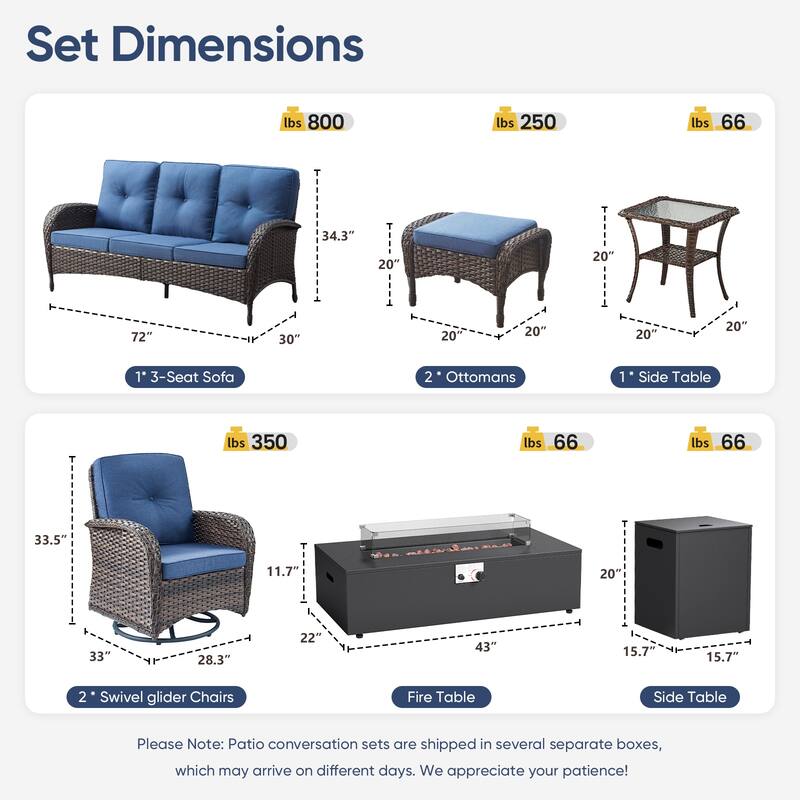 Pocassy 5/7 Piece Sofa Swivel Chair Ottoman with Fire Pit Table