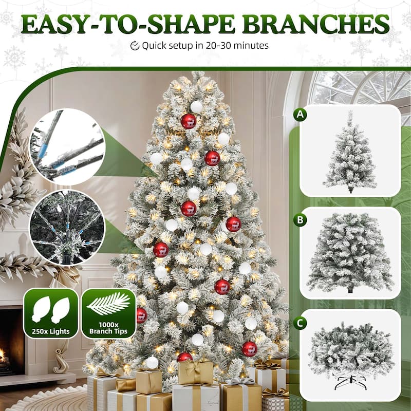 6/7.5/9 FT Pre-Lit Frosted Pine Artificial Christmas Tree with LED Lights
