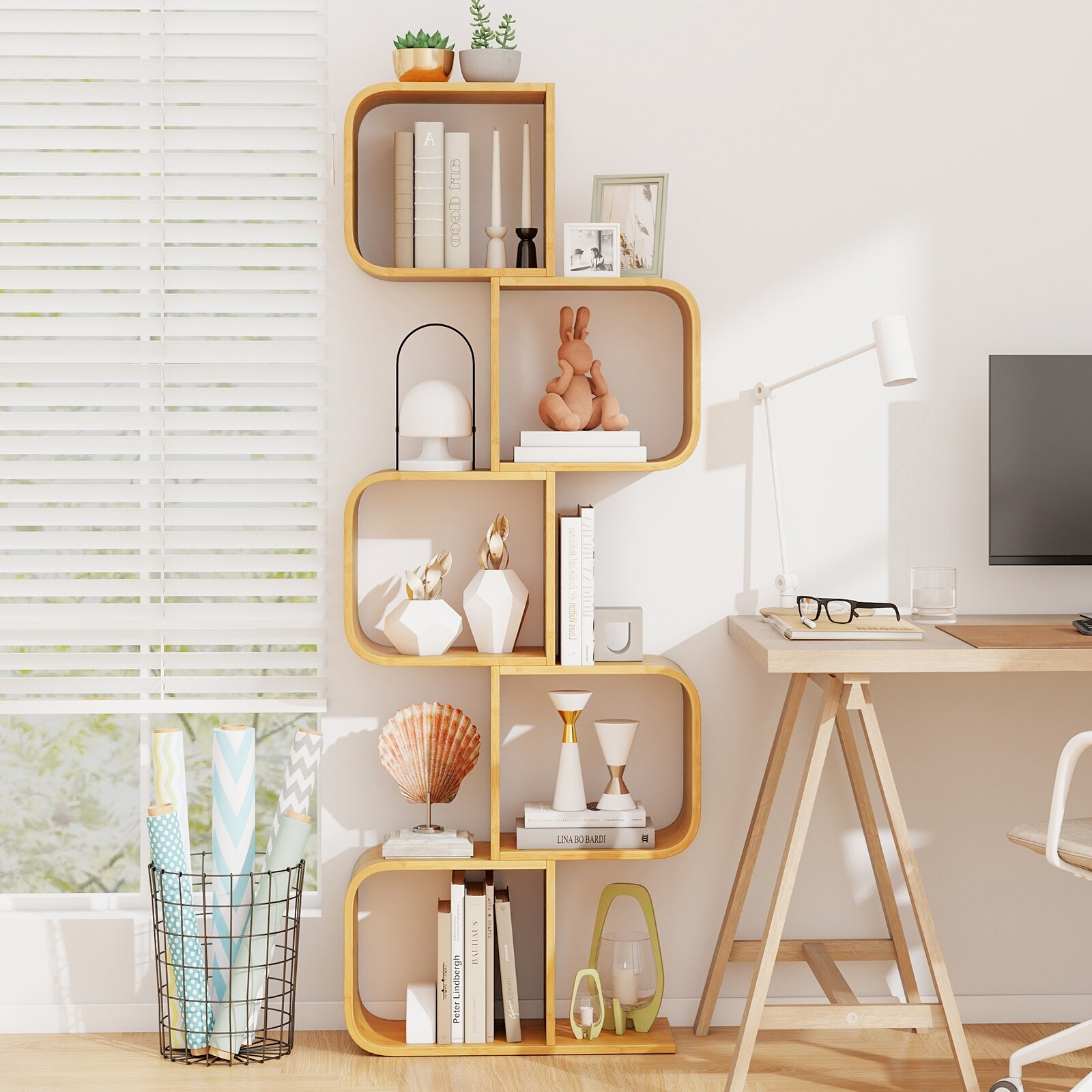 Gymax 2PCS 5-Tier S-Shaped Bookcase w/ 5 Open Cubes Geometric