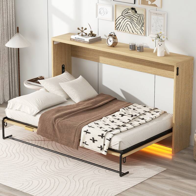 Twin-Size Murphy Bed with LED Lighting, Folds into a Cabinet, Natural Finish