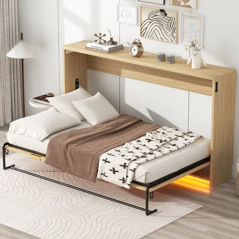 Twin XL Size Murphy Bed with Bottom LED Light, Foldable into Cabinet, Natural - Natural - Twin XL