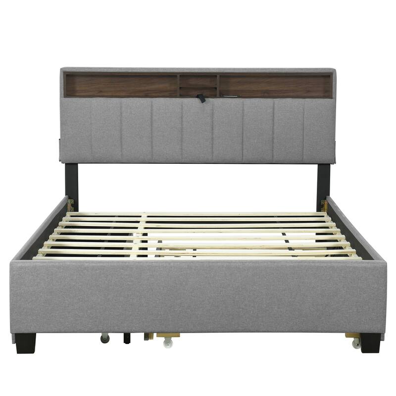 Queen Size Upholstered Platform Bed with Storage, USB Ports, Twin XL Trundle, and Drawers, Gray Linen Fabric