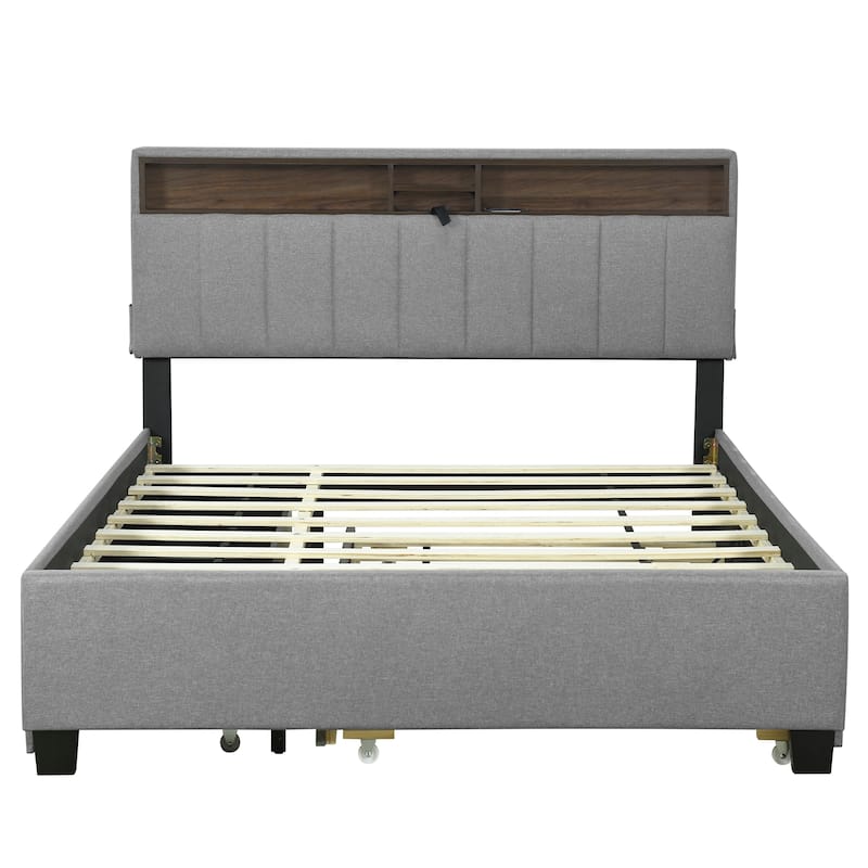 Upholstered Platform Bed with Storage Headboard