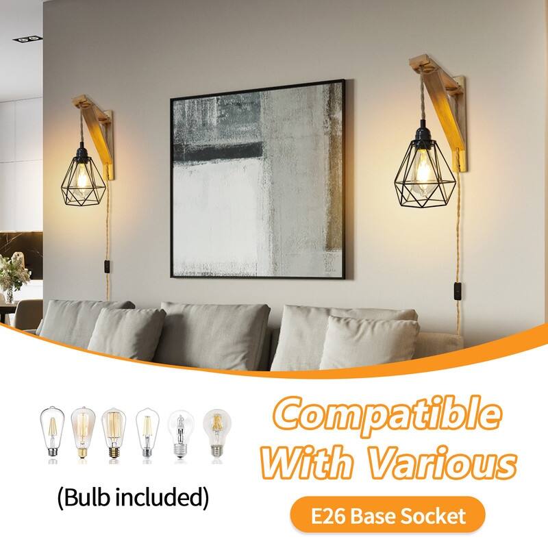 Rustic Plug-In Wall Sconce With Wood Shelf, Hanging Lamp With On/Off Switch, For Farmhouse Bedroom, Hallway, Living Room