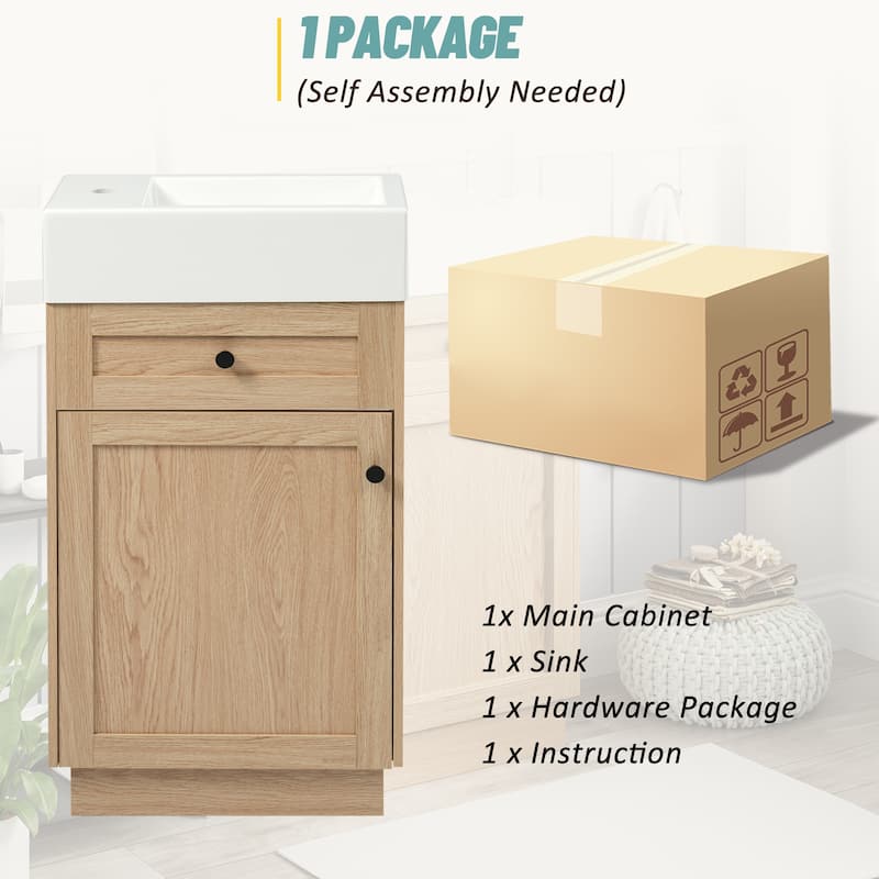 18.5" Bathroom Vanity with Resin Sink, MDF Cabinet, Adjustable Shelf, Reversible Door, Rustic Style for Small Spaces