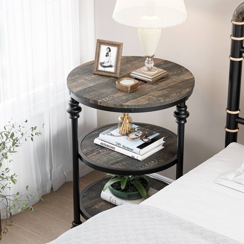 End Table 3-Tier Round Side Table with Storage Shelf