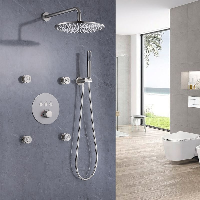 3-Way Complete 12'' Rain Shower System with 4 Body Jets and High-pressure Handheld Shower Head in Black/Nickel/Chrome, Wall
