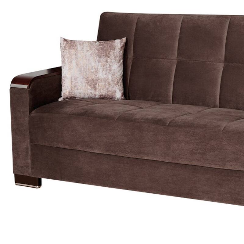 HomeRoots 87" Brown Microfiber Convertible Futon Sleeper Sofa And Toss Pillows With Storage