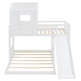 Wooden Twin Over Full Bunk Bed with Treehouse Loft, Slide & Guardrail
