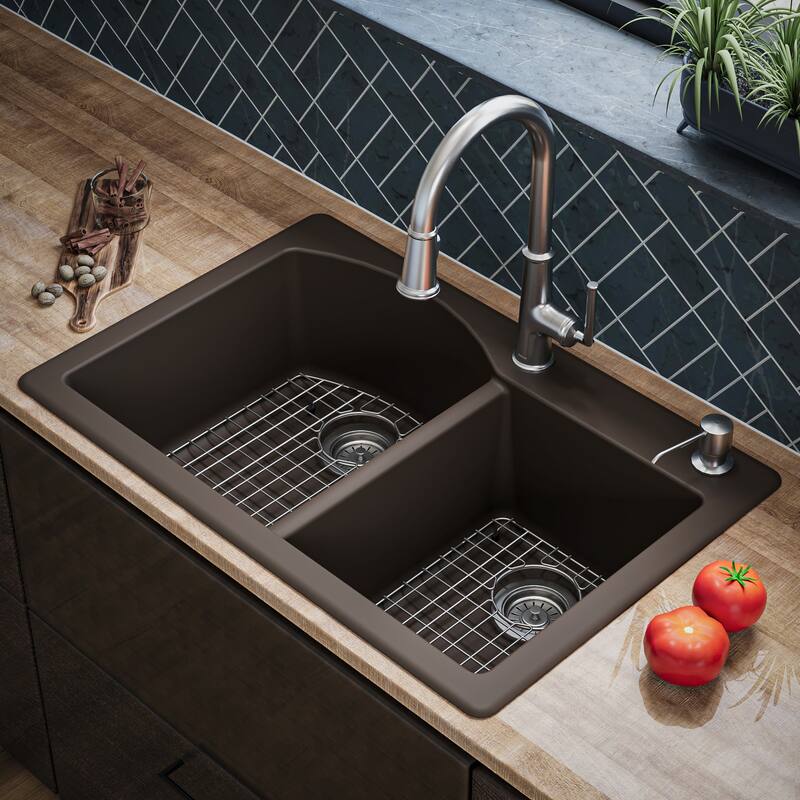 Karran Drop-In Quartz 33 in. 1-Hole 60/40 Double Bowl Kitchen Sink Kit