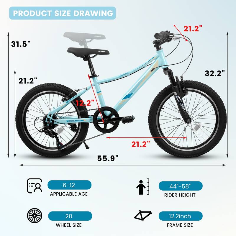 20-Inch Mountain Bike for Kids, 7-Speed, Shock Absorber Fork, V-Brakes, Outdoor Adventure Bike
