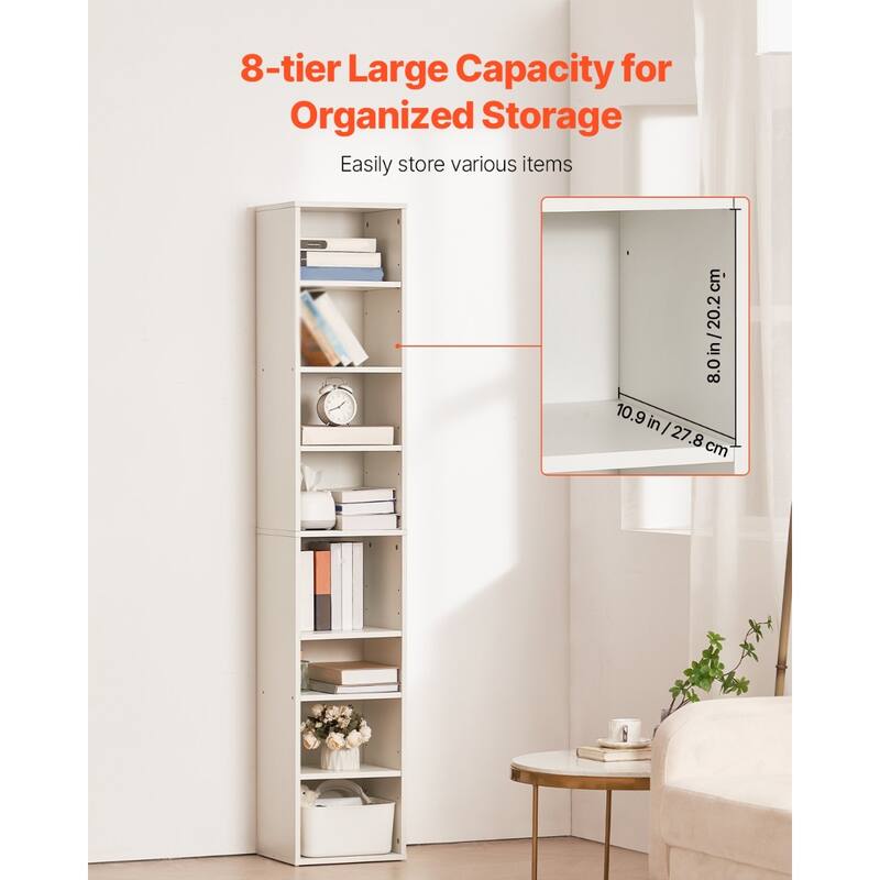 71" White Wooden Narrow Bookshelf with Height Adjustable Shelf and Open Bookcase - 13.0 x 11.8 x 70.9 in