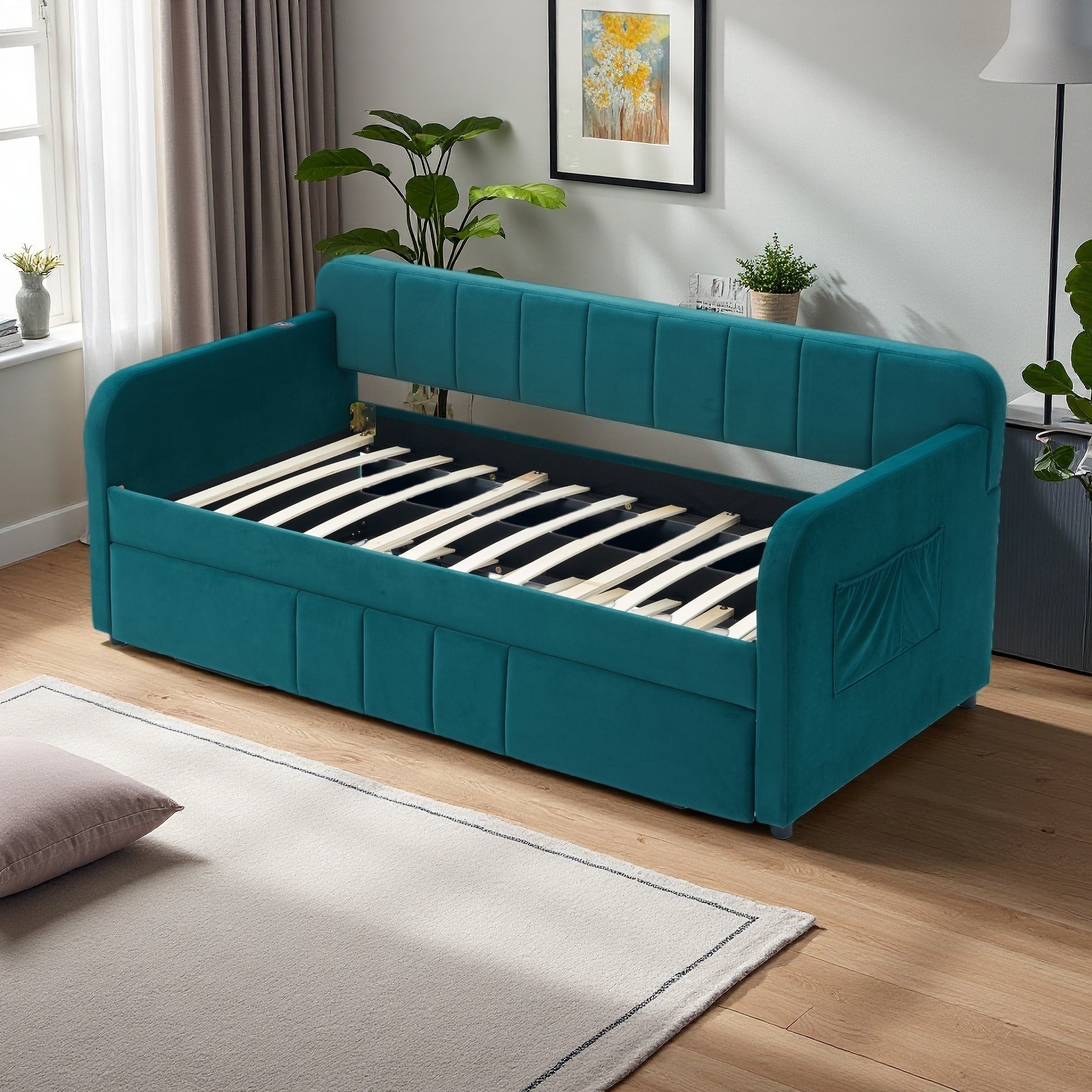 Twin Size Upholstered Daybed Frame with Trundle, Solid Pine Wood, Space-Saving Sofa Bed for Bedroom with Wood Slat Support