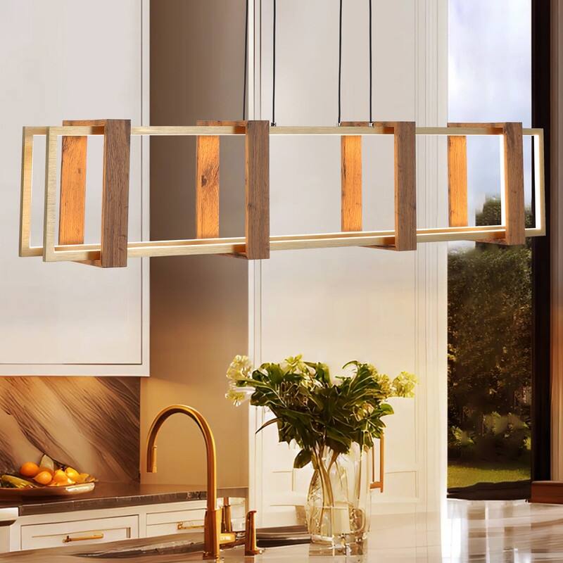 40 in. LED Rectangular Wood Chandelier Modern Pendant Light Fixture Dimmable Kitchen Chandeliers for Dinning Room - Wood Grain