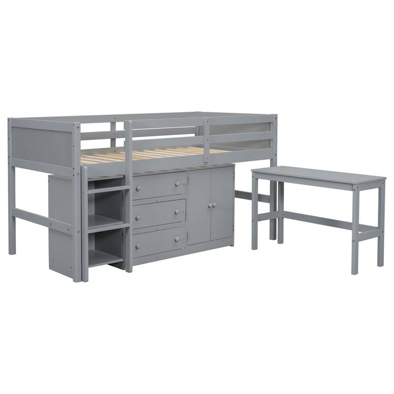 Low Loft Bed With Pull-Out Desk,Drawers,Cabinet and Shelves,Twin Size