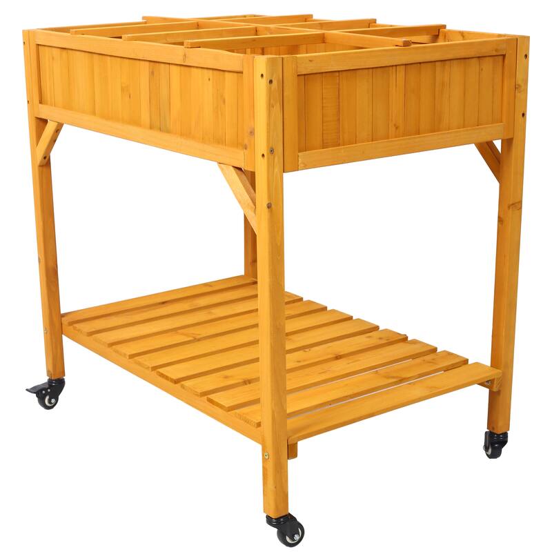 Countryside Style Natural Wood Garden Bed with 8 Grid Dividers and Protective Liner, Suitable for Herb Vegetables Flowers