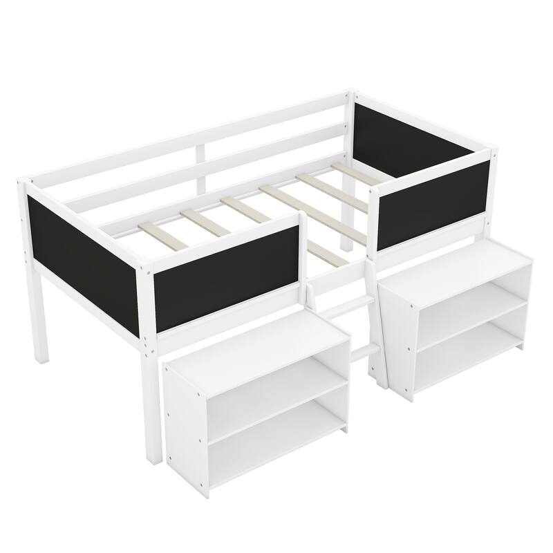 Twin Size Low Loft Bed with Movable Shelves, Ladder, and Chalkboard Guardrail, White