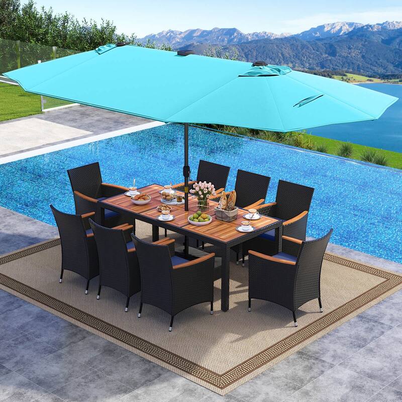Gymax 11 PCS Patio Dining Set w/ 15ft Double-Sided Patio Umbrella