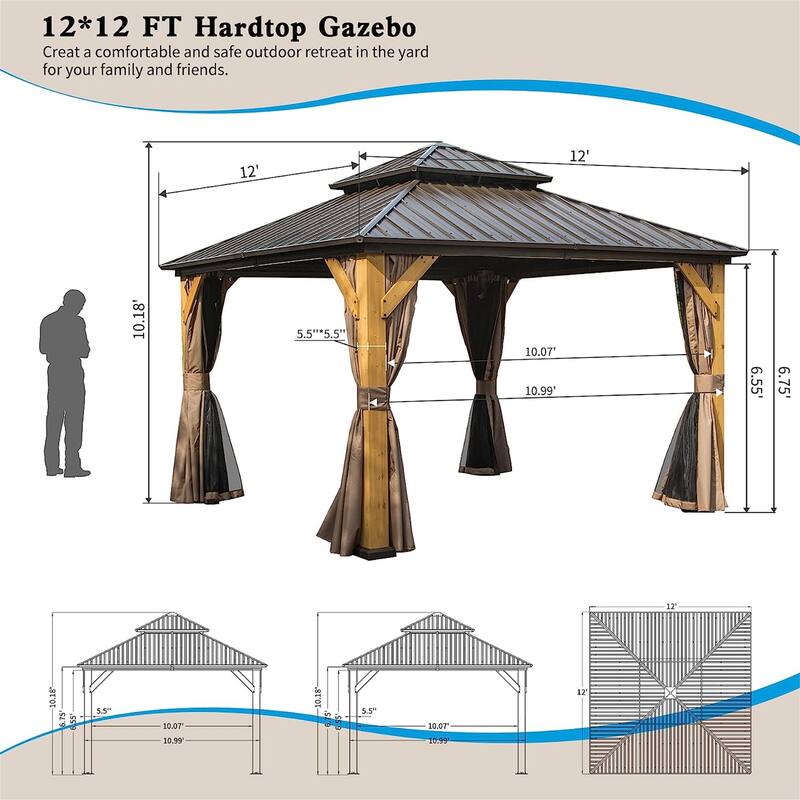 GDFStudio - Harper Outdoor Gazebo with Cedar Wood Frame and Galvanized Steel Double Roof