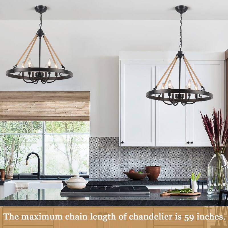 6 - Light Rustic Farmhouse Wagon Wheel Candle Style Chandelier for Living Room Bedroom Dinging Room