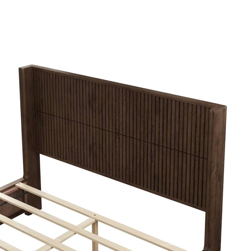 GDFStudio - Modern Solid Wood Low-Profile Platform Bed Frame with Fluted Headboard, Heavy-Duty Support & No Box Spring Needed