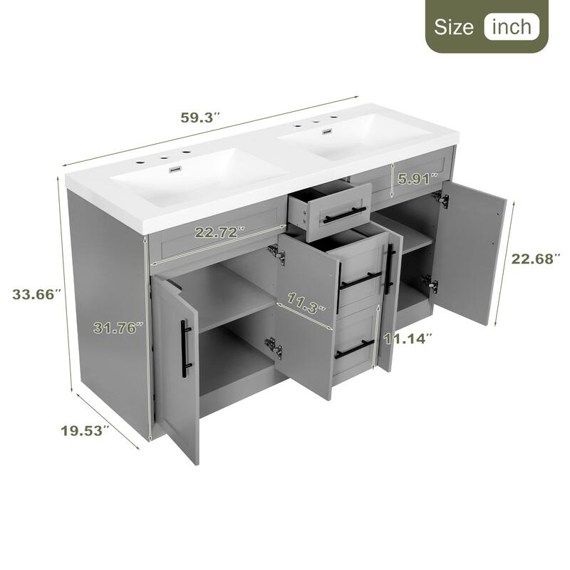 59" Double Sink Bathroom Vanity with SMC Top, Solid Wood Frame & Soft Close Doors, Gray Storage Cabinet