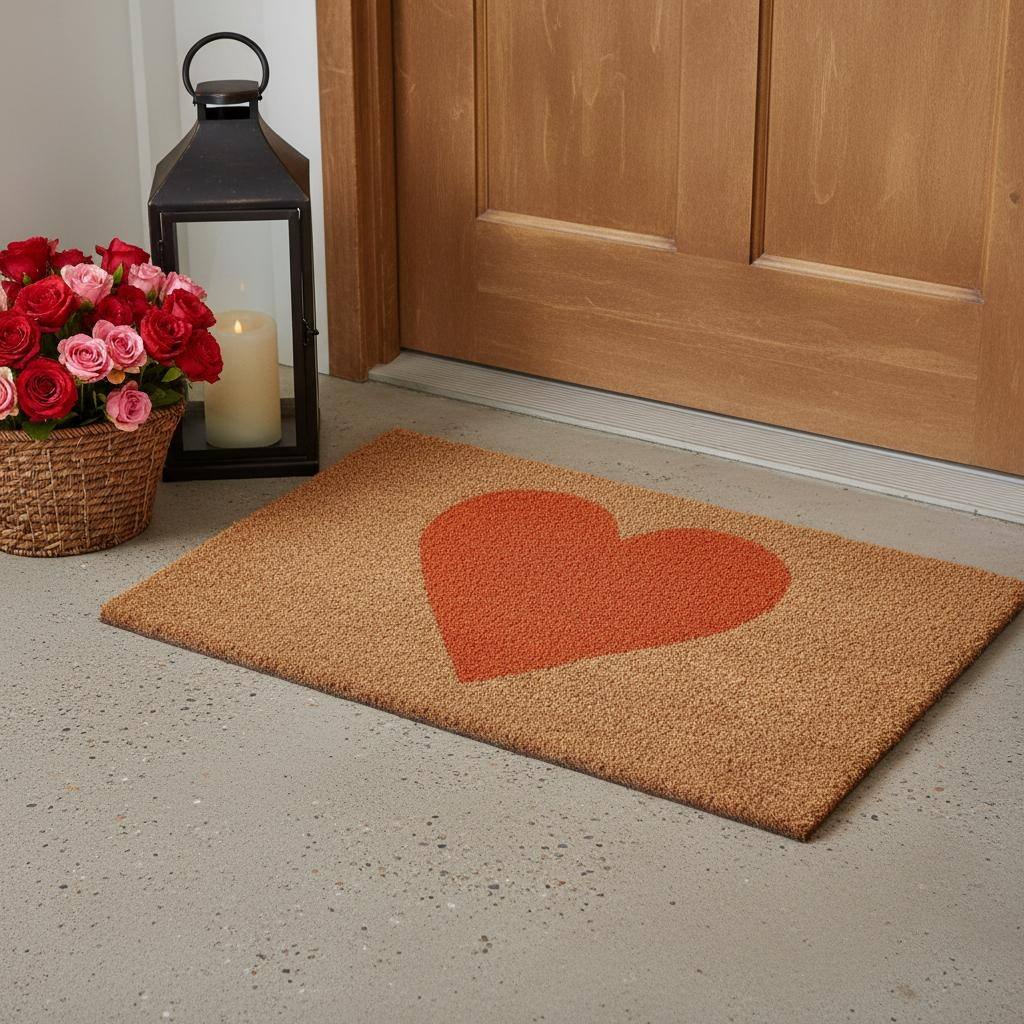 HomeRoots 24" X 36" Brown And Orange Heart Outdoor Coir Door Mat - 24.00' X '36.00