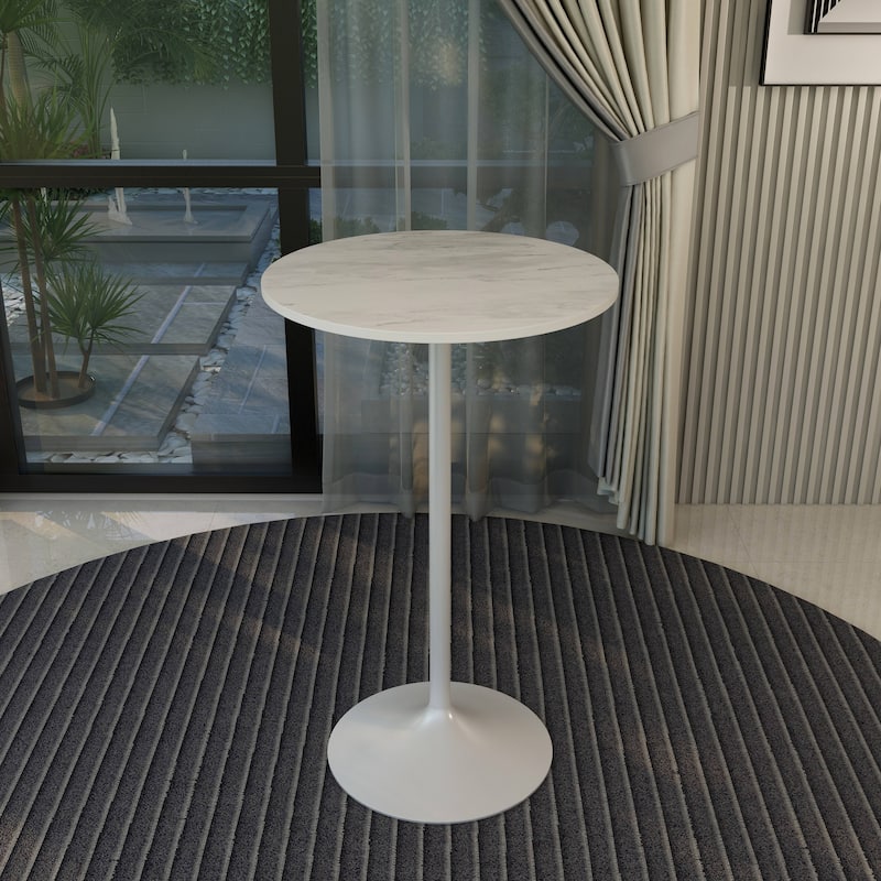 LeisureMod Verve Round Bar Dining Table with White Resin TableTop and White Steel Base for Kitchen & Dining Room