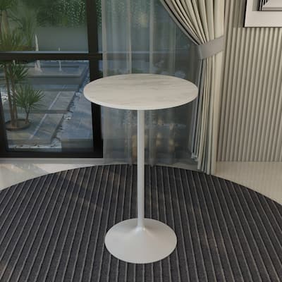 LeisureMod Verve Round Bar Dining Table with White Resin TableTop and White Steel Base for Kitchen & Dining Room
