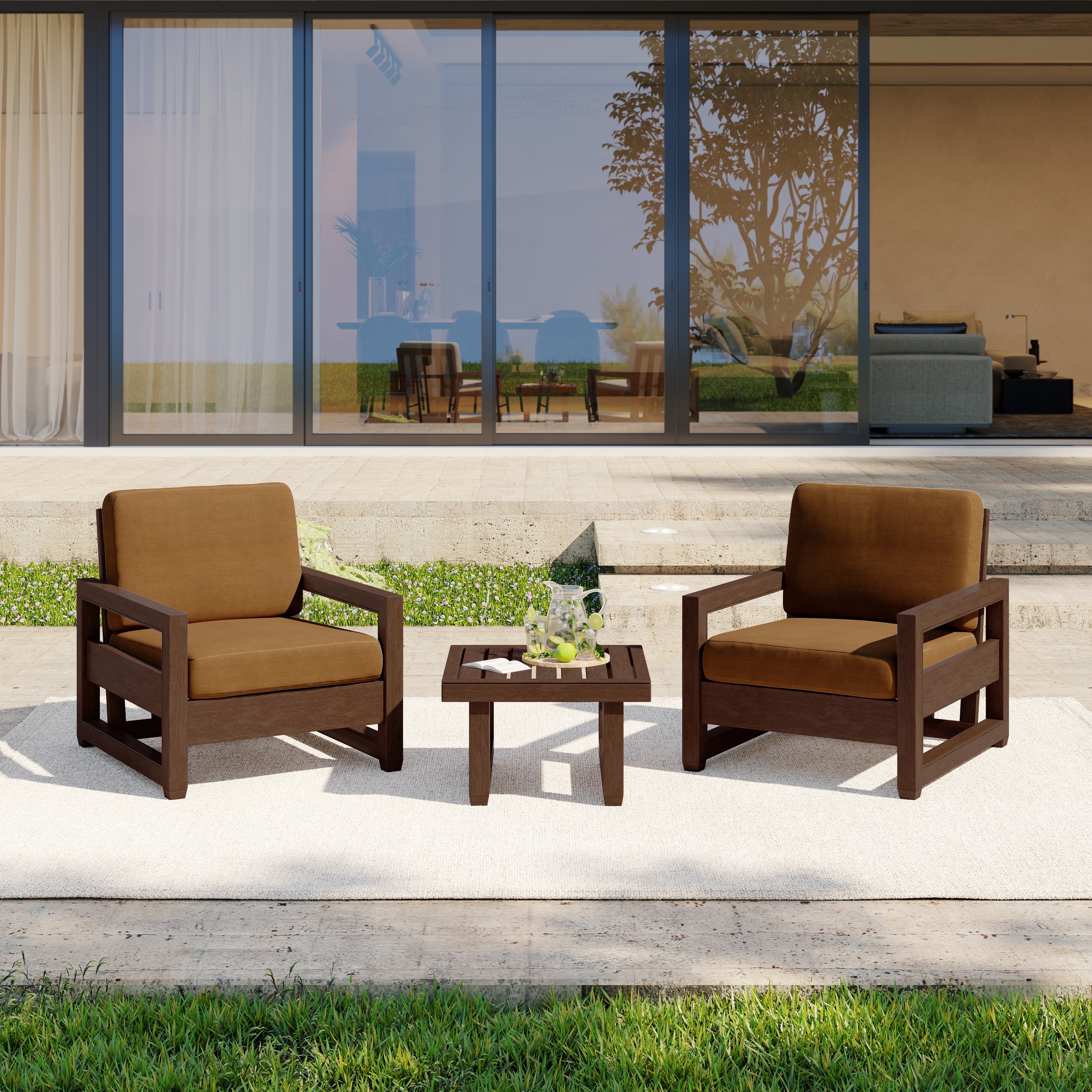 3-piece Outdoor Teak Wood Bistro Set Cushioned Lounge Chairs