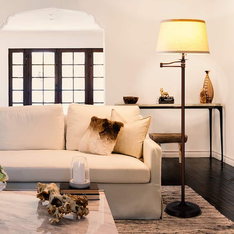 Brightech Caden 62 in. Oil Brushed Bronze Mid-Century Modern Extendable LED Floor Lamp with Beige Fabric Drum Shade
