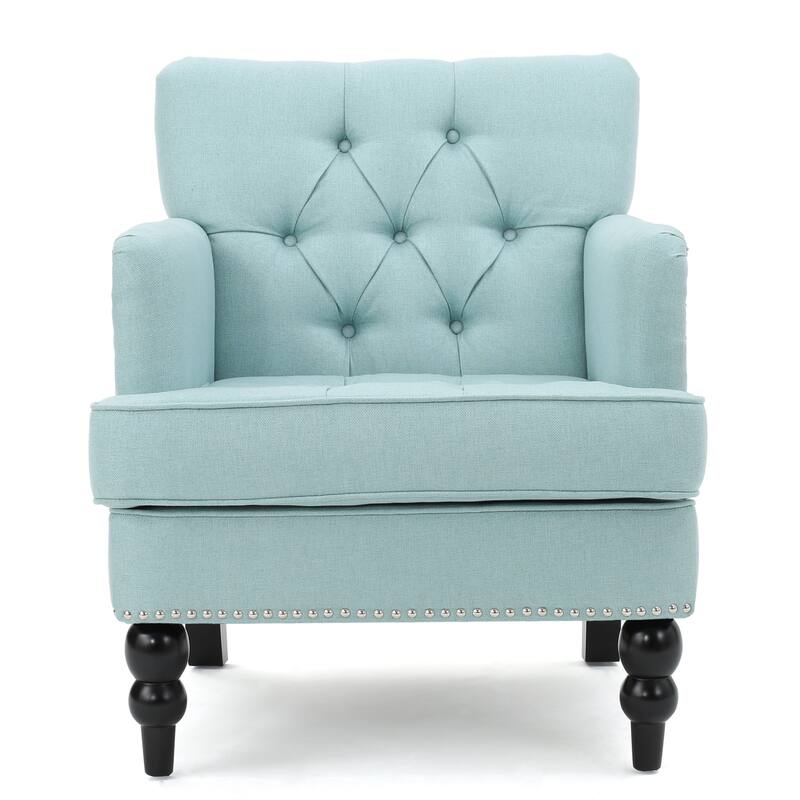 Roomfitters Tufted Club Chair, Upholstered Fabric Armchair with Nailhead Trim and Birch Wood Legs