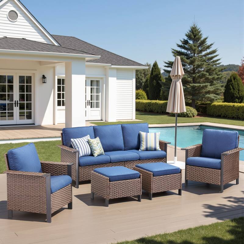 Pocassy Outdoor Wicker Sofa Glider Chair with Ottoman Set - Brown Wicker Blue Cushion - 4-Piece Sofa Patio Chair with Ottoman