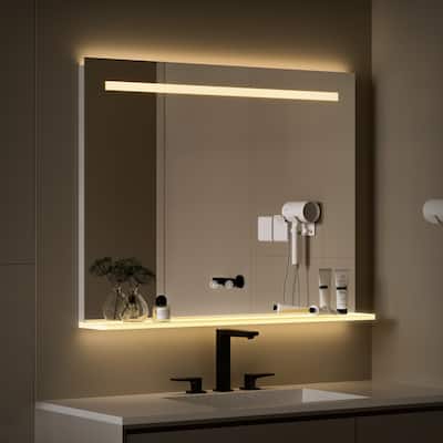 LED Bathroom Mirror 28''x 36'' with Acrylic Shelf Storage Lights Stepless Dimmable Bathroom Mirrors