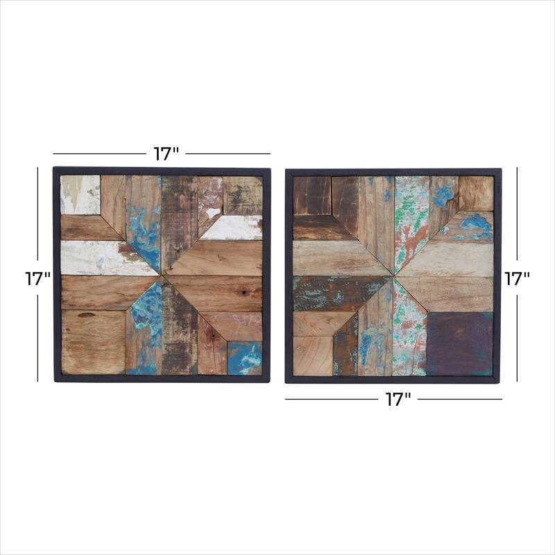 Brown Teak wood Rustic Wall Decor (Set of 2) - 17 x 2 x 17