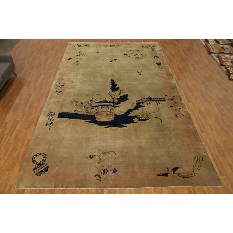 Hand Knotted Oriental 100% Wool Carpet Traditional Pictorial Yellow & Gold Art Deco Area Rug - 19' 0'' X 11' 9''