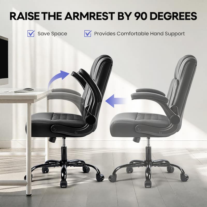BOSSIN Office Chair, Ergonomic High-Back PU Leather Desk Chair with Adjustable Armrests & 360-Swivel for Petite Users, Black